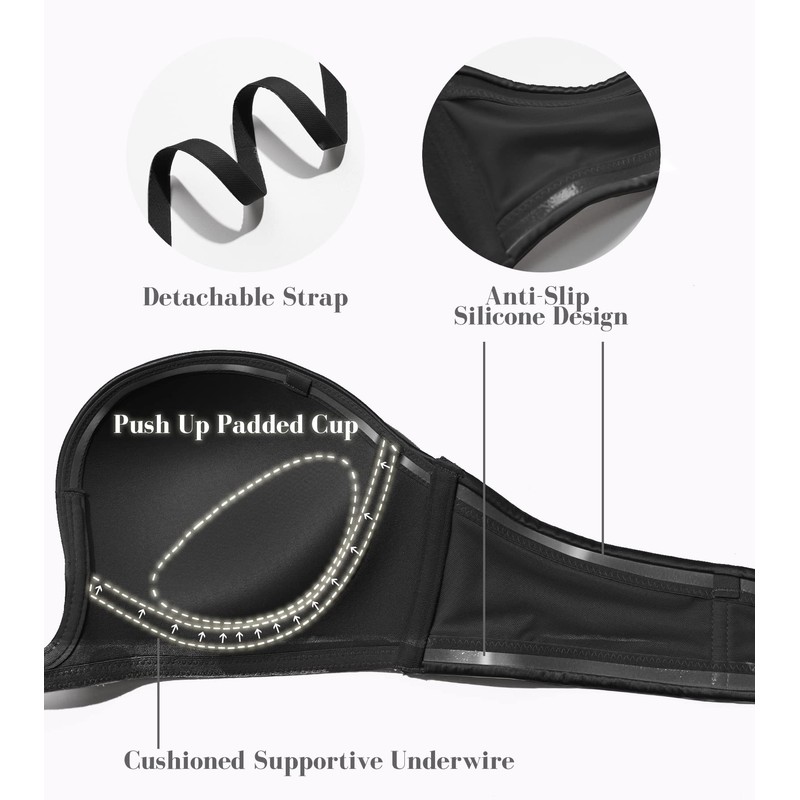 HACI Women's Plunge Deep U Strapless Bra Push Up Demi