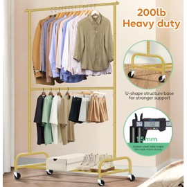 SLEEPING LAMB Double Rod Heavy Duty Clothes Racks for Hanging Clothes Rack, Metal Rolling Garment Rack With Wheels Clothes Hanger Rack Wardrobe Rack for Coats, Shirts (Gold)