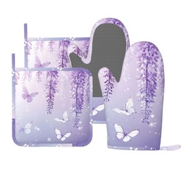 Oven Mitts and Pot Holders Lavender Butterfly Light Purple Flower Silicone Kitchen Accessories Set of 4 Heat Resistant Long Gloves Potholder Non-Slip Grip for Chef Cooking Baking Grilling BBQ