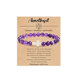 COLORFUL BLING Natural Healing Stone Cross Beaded Crystal Strand Adjustable Dangling Bracelet With Meaningful Card Inspirational Religious Gifts for Women Jewelry Turquoise Relief Anxiety-Purple