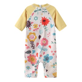 Moon Tree Toddler Girls Rash Guard Swimsuits for Baby Girls Short Sleeve Sunsuits One Piece Bathing Suits Beach Swimwear Yellow Flowers 3T