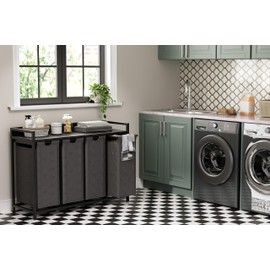 Herture Laundry Hamper with Shelf, Laundry Basket 4 Section, Laundry Sorter with Pull-Out Removable Large Bags and Movable Wheels, Metal Frame, 4 x 15.87 Gallons (60L), Black and Gray PF07XLB