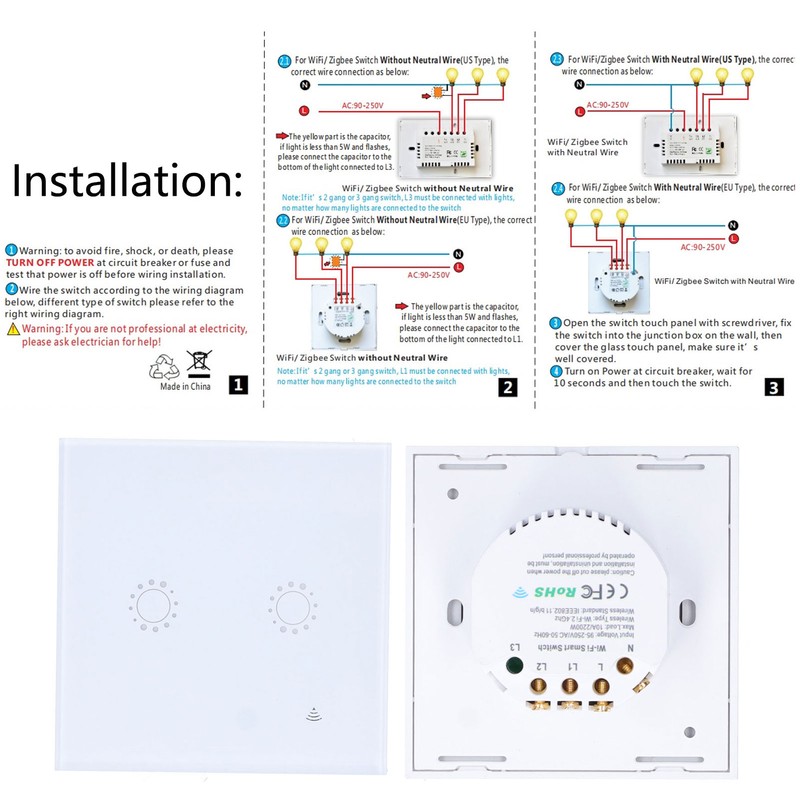 Smart Switch WiFi Remote Control Wireless Touch Power Distribution 2200W