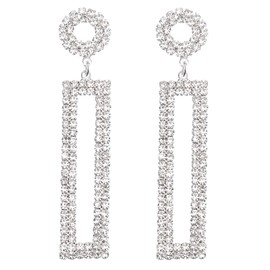 Legitta Rhinestone Long Drop Earrings Silver Cubic Zirconia Sparkly Statement Rectangle Dangle with Circle Studs for Women Wedding Jewelry