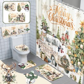 FuWeave 8 Pcs Christmas Shower Curtain Set Xmas Santa Bathroom Decoration Christmas Tree Hand Towels Snowman Toilet Lid Cover Bathroom Rugs Xmas Shower Curtain with Hooks (Vintage Style)