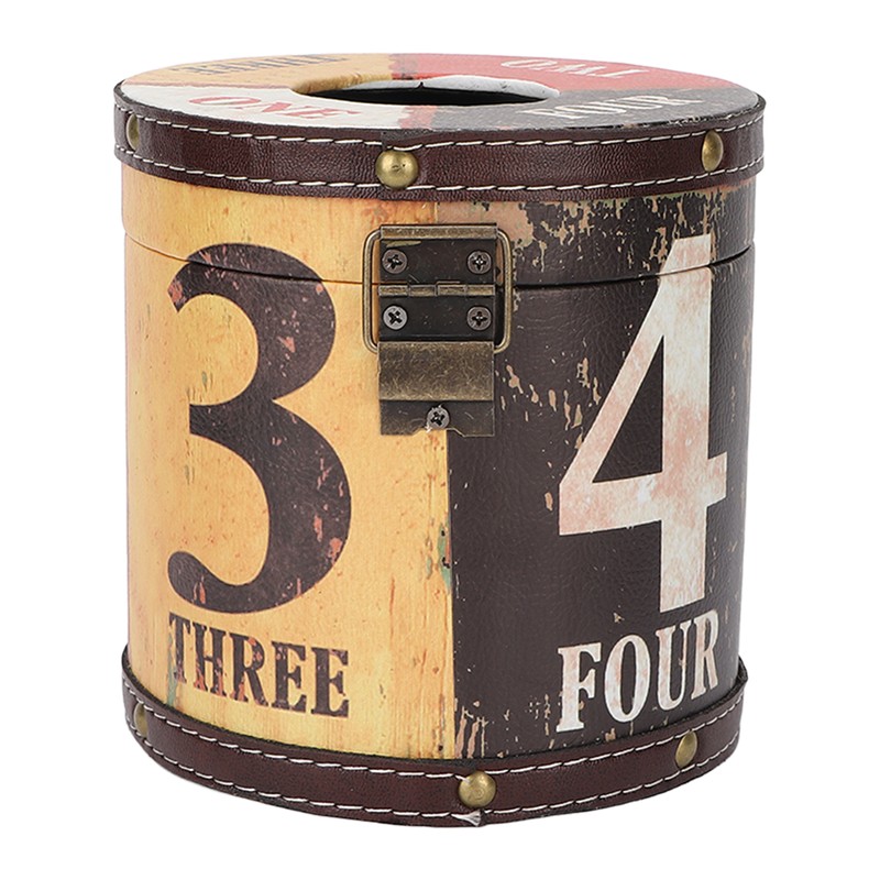 Retro Tissue Box Cylindrical Fashionable PU Leather Wooden Napkin Storage