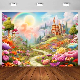 Fairy Tale Castle Backdrop 7 x 5 ft ，Pink Magical Fairytale Flower Princess Theme Backdrop ， Spring Floral Background Girls Birthday Party Studio Props Supplies Decoration
