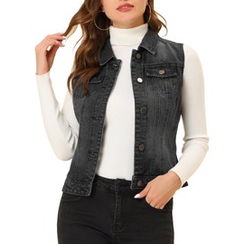 Allegra K Women's Buttoned Washed Denim Vest Jacket W Chest Flap Pockets Black M