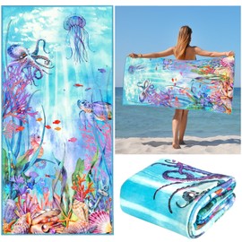 Blue Ocean Beach Towel, Seaworld Marine Life Beach Towel Quick Dry Cotton Blend Soft Velour Absorbent Towel for Kids Men Women Camping Towel, Gym, Hiking, Pool, Bath, Yoga, Travel Vacation