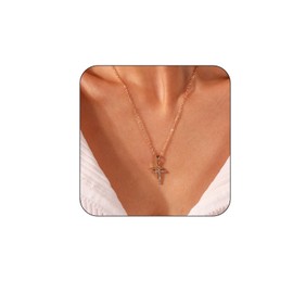 Double Cross Necklace for Women, Trendy Simple Splicing Double Cross Pendant Necklace Dainty Rhinestone Gold Plated Long Necklace for Girls Jewelry Gifts, Zinc, Rhinestone