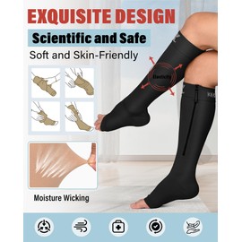 KEKING® Calcetines de compresión con cremallera para hombres y mujeres, puntera abierta, 20-30 mmHg, soporte firme hasta la rodilla, medias de compresión con cremallera alta para pantorrilla ancha, venas varicosas, DVT, espinillas, edema, lactancia, colo