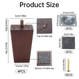 AWBEOT 4 PCS 8 cm Möbelfüße Holz, Möbelbeine aus Holz, Tischbeine Vierkant Möbelbeine, Massivholz Beine, Sofa Ersatzbeine, mit Montageplatten,Schrauben,Filzgleiter,für Bett,Schrank,Stuhl,Walnussfarbe