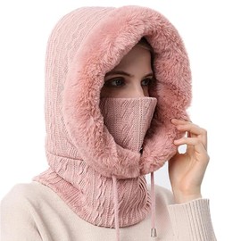 Aurorasports Winter Hat for Women Hooded Scarf Neck Warmer Ski Mask Balaclava for Cold Weather Windproof Drawstring Knit Hat (CA/US, Numeric, 0, 1, Pink)