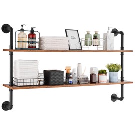 VEVOR Industrial Pipe Shelf, 2 Tier 48x 9.84in, Wall-Mount Floating Rustic Wood Shelves Bracket Display Bookshelf, Storage Rack Sundries Holder for Kitchen Bedroom Bathroom Living Room, Black