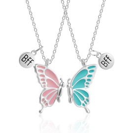 WEDDINEN BFF Best Friends Necklace for 2 Women, Half Cute Matching Butterfly Pendant Chain Friendship Necklaces Jewelry Gifts for Friend Women Silver