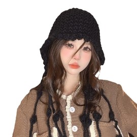 Women Girls Winter Handmade Crochet Knitted Beanie Hat Cute Tassel Earflap Hat Outdoor Skull Caps