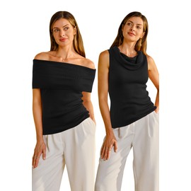 Arach&Cloz 2025 Womens Summer Fall Pullover Sweater Vest Wool Blend Sleeveless Off Shoulder Cowl Neck Fashion Casual Trendy Cute Tops Teacher Going Out Blouse Outfits Black S