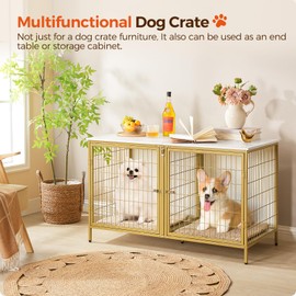 MAHANCRIS Dog Crate Furniture for 2 Dogs, 43.3" Dog Kennel with Removable Divider, Heavy Duty Wooden Dog Kennel for Small Medium Dog, Indoor Dog Cage End Table with Double Doors, White and Gold