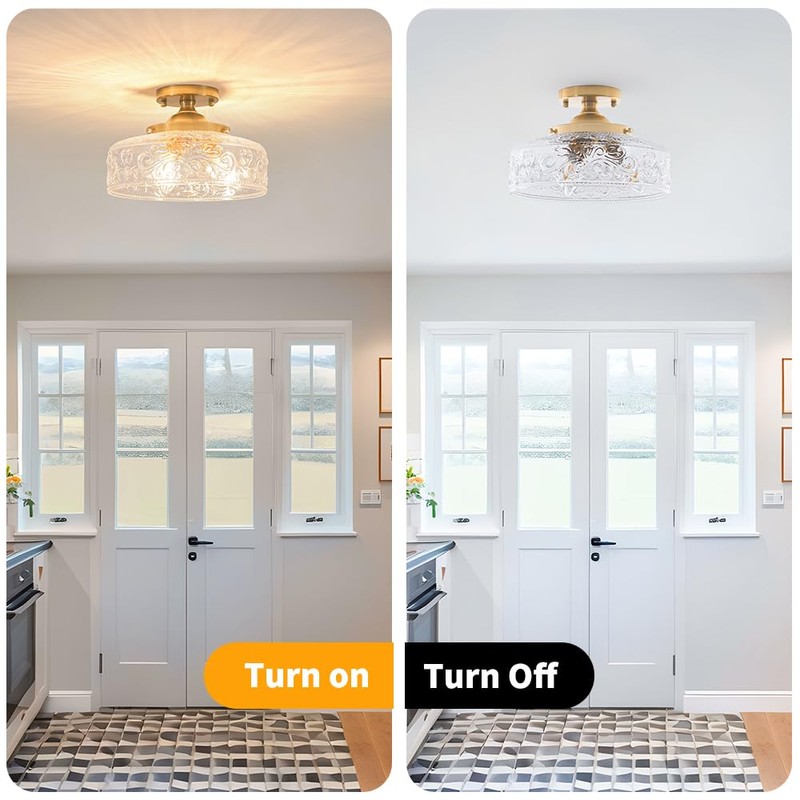 Gold Semi Flush Mount Ceiling Light, 3-Light Close to Ceiling