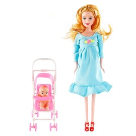 FunPa Pregnant Doll Have a Baby in Her Tummy Mom Doll Pregnant Mom Toy with Baby Doll Trolley (Blue)