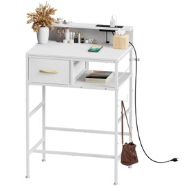 Small Vanity Desk No Mirror, 23.6 inch Makeup Vanity Table with Fabric Drawers Power Outlet, Compact Makeup Desk for Girls Bedroom and Small Space, White