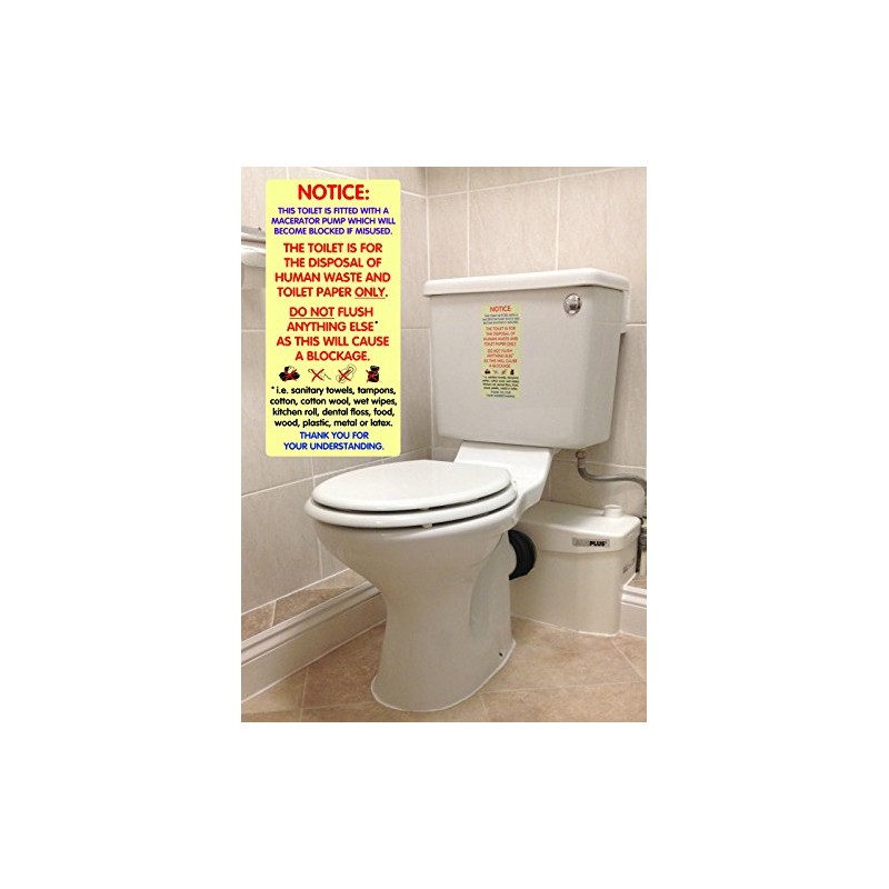 Pair of Waterproof Warning Notices/Sticker Signs for Macerator Toilets. Fits
