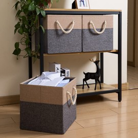 PRANDOM Large Foldable Cube Storage Bins 13x13 inch [2-Pack] Fabric Linen Storage Baskets Cubes Drawer with Cotton Handles Organizer for Shelves Nursery Closet Bedroom Khaki