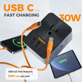 30W USB C Charger Block, USB Wall Charger Outlet Extender with 4 USB (2 USB C) and 3 Power Outlets, Surge Protector Multi Plug Outlet Splitter, Fast Charge for Travel Home Office Dorm Room Essentials