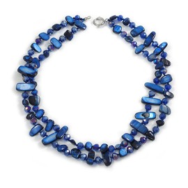 Avalaya Two Row Layered Blue Shell Nugget and Glass Crystal Bead Necklace/ 50cm Long