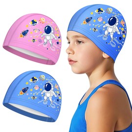 Swim Cap Kids, Swimming Caps for Girls Boys Swim Cap Baby Lightweight Cartoon Bathing for Long and Short Hair for Age 2-12 Pink+Blue
