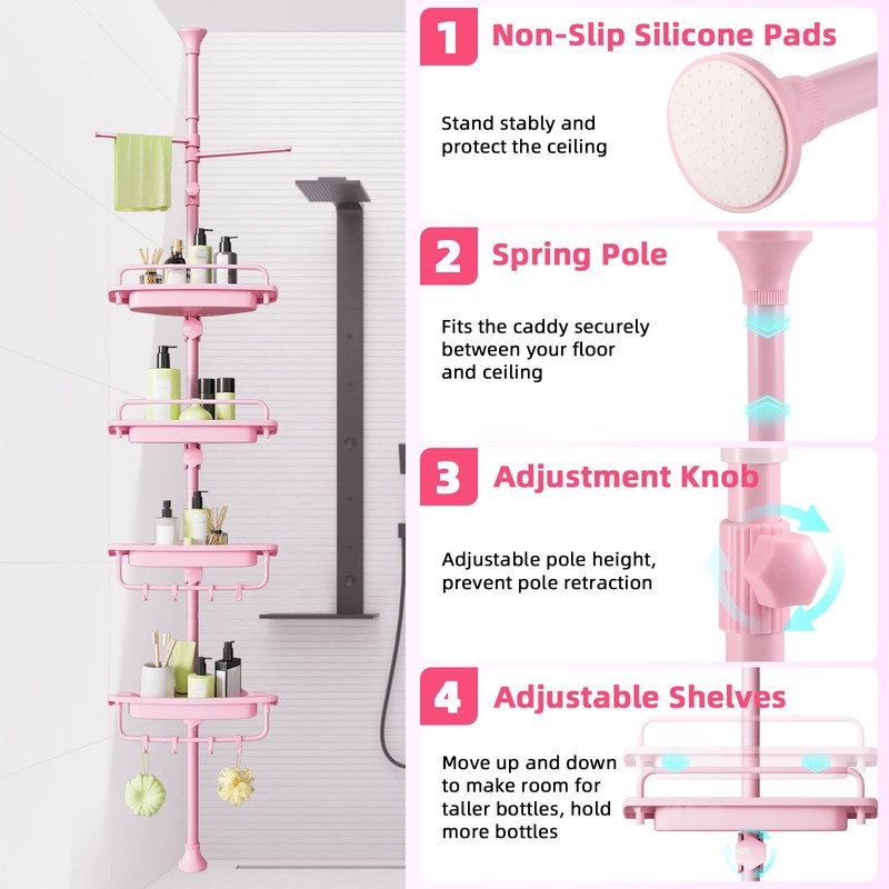 XLHOMO 32-122inch Corner Shower Caddy Tension Pole Pink, Rustproof Drill-Free