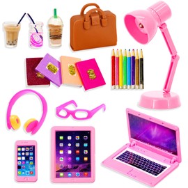 22 Pcs Miniature Pink Laptop Computer Tablet Miniatures Books Headset Glasses Mini House Decoration Accessories