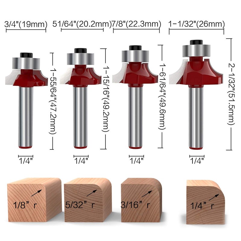 RKURCK 1/4" Shank 7-Piece Round-Over Router Bit Set - 1/8"