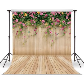 WOLADA 8x8FT Flower Wall Backdrop Spring Backdrop Spring Floral Photo Backdrop Brown Wood Plank Flower Wall Photography Backdrop Girl Birthday Party Wedding Shower Photography Background 8909