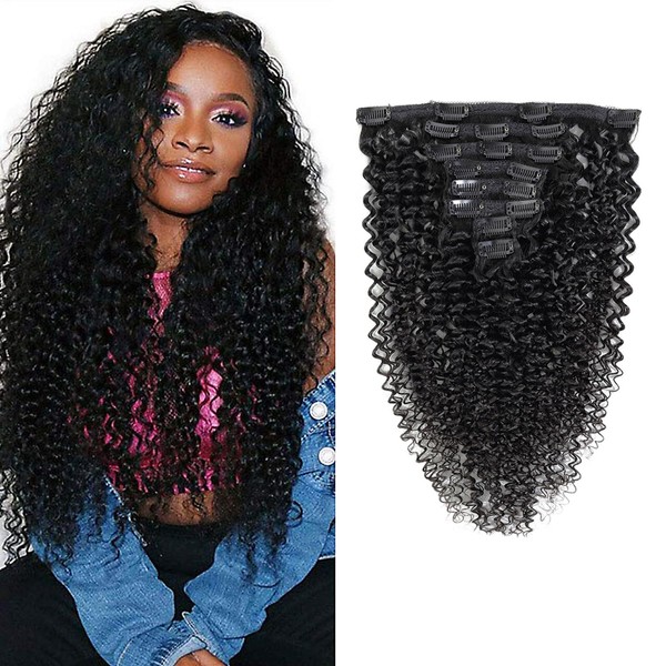 Curly Clip in Human Hair Extensions 100% Unprocessed Brazilian Real Kinky Curly Hair Double Weft Long Color 1B 8 Pieces/Lot 135g with 18 Clips (22", Curly)