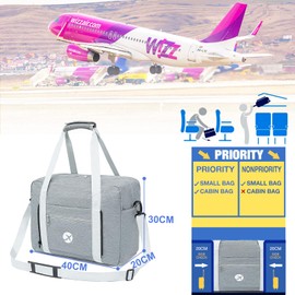 PALAMEA Wizzair Hand Luggage, 40 x 30 x 20, 25 L, Foldable Travel Bag, Hand Luggage Bag for Airplane, Hand Luggage, Suitcase for Eurowings, Grey-40 x 30 x 20 cm, Minimalist