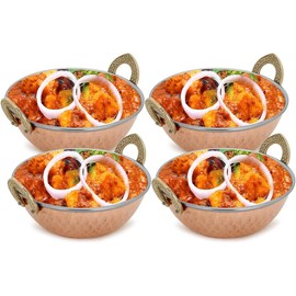 AVS STORES ® Set of 4, Indian Copper Serveware Karahi Vegetable Dinner Bowl with Solid Brass Handle for Indian Food, Diameter- 13 cm (5.2 Inches), Silver