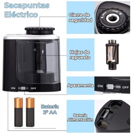 Sacapuntas con Deposito Escolar, Sacapuntas Eléctrico, Sacapuntas Automático Rápido con Cuchillas Reemplazables y Pilas, Sacapuntas para Lapices de Colores para Hogar, Oficina, Aula (Negro)