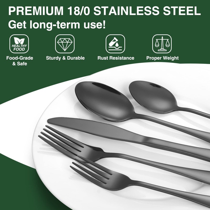60-Piece Black Silverware Set with Organizer, AIVIKI Stainless Steel Flatware