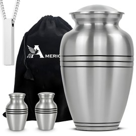 Set of 4 Silver Pewter Decorative Urns for Adult Human Ashes Male & Female Includes 1 Large Urn with 2 Small Keepsakes & 1 Necklace for Ashes