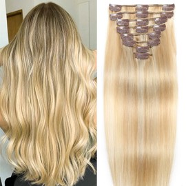 Dark Blonde Highlighted Bleach Blonde Clip in Hair Extensions Real Human Hair Clip ins Remy Invisible Natural Straight Seamless Clip on Hair Extensions 8pcs Double Weft 18 Inch 80g