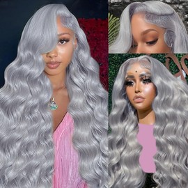 Grey Human Hair Wig 13X4 Body Wave Grey Lace Front Wigs Human Hair Pre Plucked with Baby hair 180% Density Transparent Lace Front Wigs Human Hair Colored wigs Human Hair Wigs for Women 28 inch