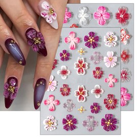 5D Embossed Flower Nail Stickers Hibiscus Flower Nail Art Stickers with Gold Beads Designs Self-Adhesive Clear Floral Nail Supplies 2 Sheets Autumn Flower Nail Decals for Women Girls Manicure Art