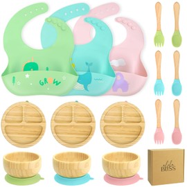 alohaBliss Bamboo Baby Plates Set - Suction Plates for Baby with Bowl, Bib, Fork, and Spoon - Toddler Plates with Suction - 3 Sectioned bamboo Toddler Plates for Easy Self-Feeding and Mess-Free Meals