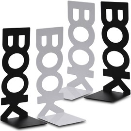 BUCOMTU Bookend Set of 4 Black and White Bookends Metal Book Holder for Desk, Office, Bookcase, Books, DVDs, Magazines, School