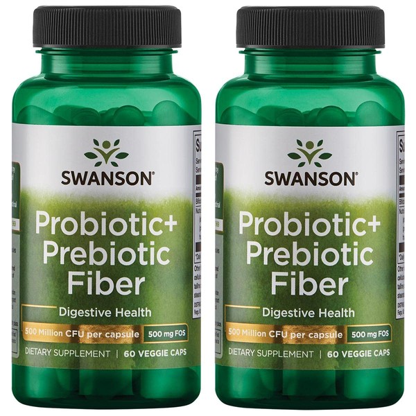 Swanson Prebiotic + Probiotic Fiber - Natural Supplement Promoting Digestive System & Immune Health Support - Aids Regularity & GI Tract Health - (60 Capsules, 500 Million CFU Each) (2 Pack)