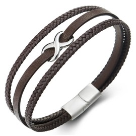 COOLSTEELANDBEYOND Love Infinity Number 8 Interwoven Three Strands Brown Braided Leather Bracelet for Men Women, Brown leather, No gemstone