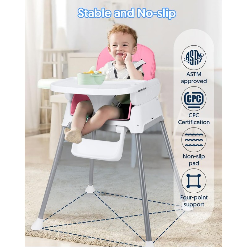 3-in-1 Baby High Chair, Adjustable Convertible Infant Baby Feeding Chair