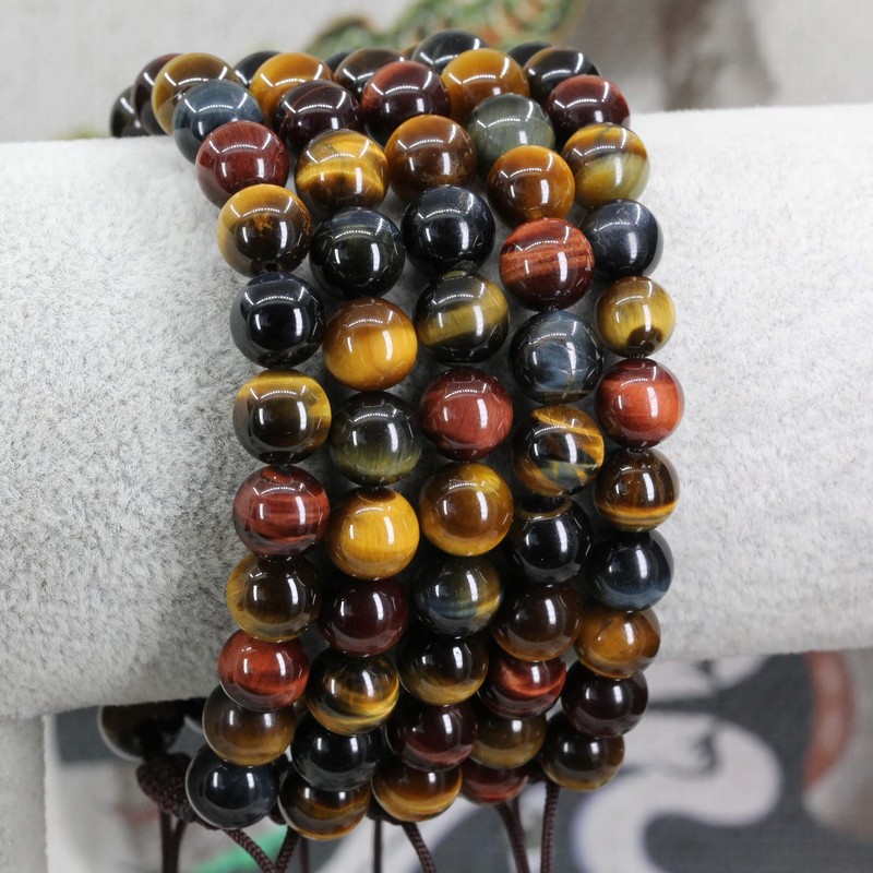 Keleny Multicolor Tigers Eye 8mm Round Beads Adjustable Braided Macrame