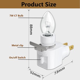 360-Degree Rotating Night Light Socket with Switch, 7W C7 Bulb Compatible, White Lamp Holder with Metal Clip, Wall Corner Decorative Light Adapter(White, 2-Pack)